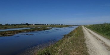 On the left the marsh, on the right the levee and the sea.